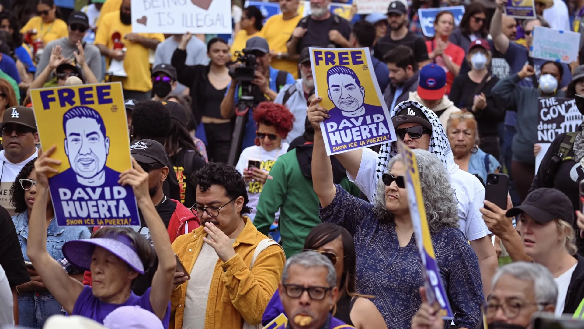 Hundreds of people gathered in Boston’s City Hall Plaza to protest the deployment of the National Guard in Los Angeles and the detainment of union leader David Huerta. Huerta now faces a federal charge following his arrest Friday during an immigration enforcement operation